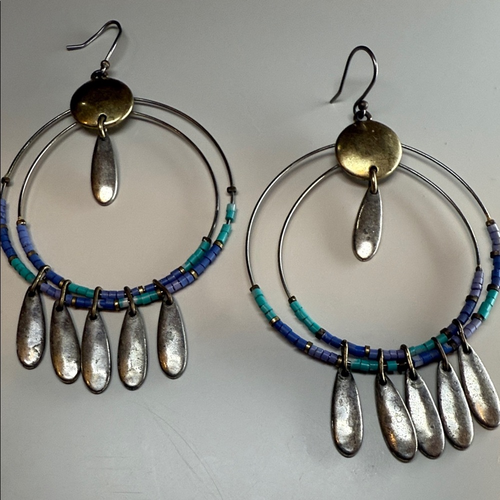 Silver and Gold Hoop Earrings with Blue Accents